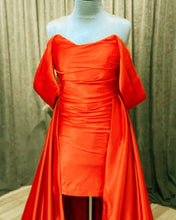 Load image into Gallery viewer, Orange Satin Off The Shoulder Prom Dresses