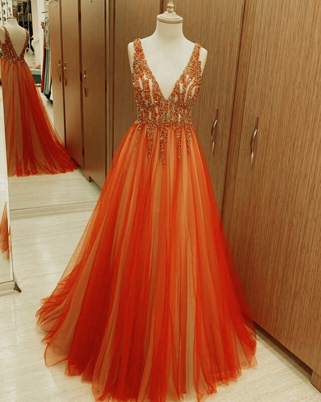 Orange Ball Gown Tulle Beaded V Neck Prom Dresses – alinanova