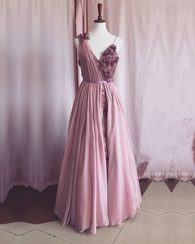 Pale Pink Tulle V Neck Dresses 3D Flowers Embroidery
