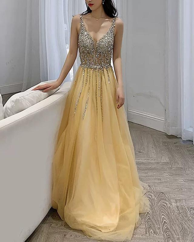 Pale Yellow Prom Dresses Tulle V Neck Sequin Beaded Pale Yellow Prom Dresses Tulle V Neck Sequin Beaded