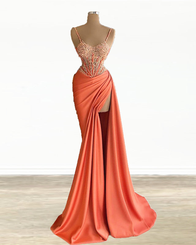 Mermaid Peach Prom Dresses Appliques With Slit Mermaid Peach Prom Dresses Appliques With Slit