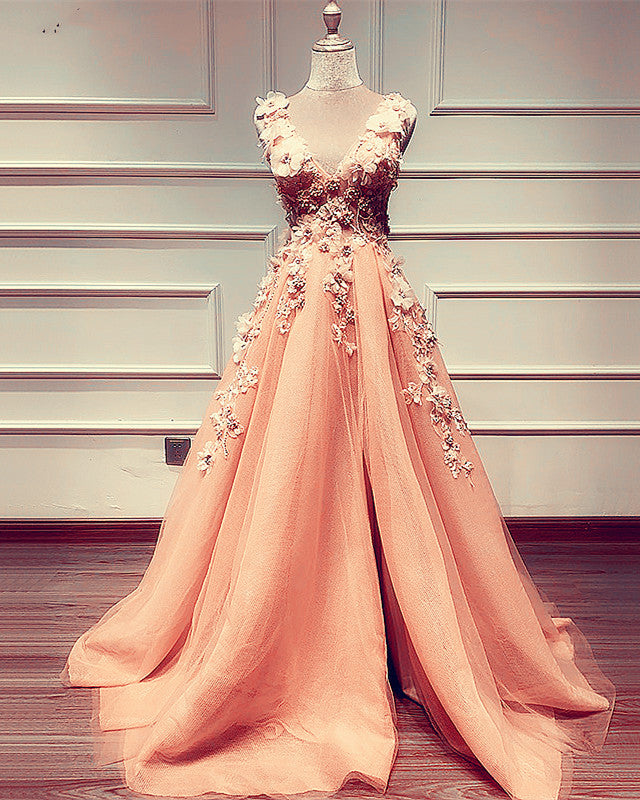 Tulle Prom Dresses Flowers Embroidery V Neck Leg Slit Tulle Prom Dresses Flowers Embroidery V Neck Leg Slit