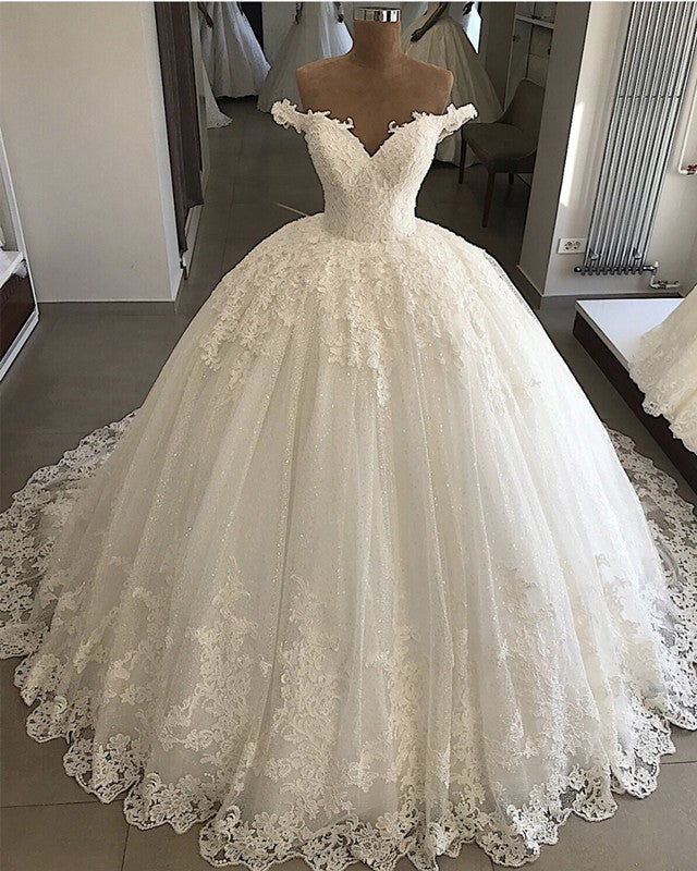 Pearl Beaded Lace V-Neck Tulle Wedding Dresses Ball Gown Off Shoulder