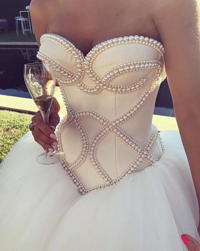 Pearl Beaded Satin Corset Sweetheart Wedding Dresses Ball Gowns Pearl Beaded Satin Corset Sweetheart Wedding Dresses Ball Gowns