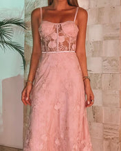 Load image into Gallery viewer, A-line Pink Midi Lace Bridesmaid Dresses