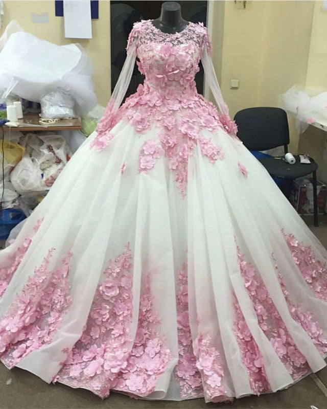 Pink Floral Flowers Long Sleeves Organza Wedding Dresses Ball Gowns Pink Floral Flowers Long Sleeves Organza Wedding Dresses Ball Gowns