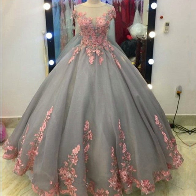Pink Floral Lace Appliques Gray Tulle Ball Gowns Wedding Dresses