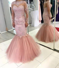 Load image into Gallery viewer, Pink Lace Appliques Long Sleeves Mermaid Evening Dresses