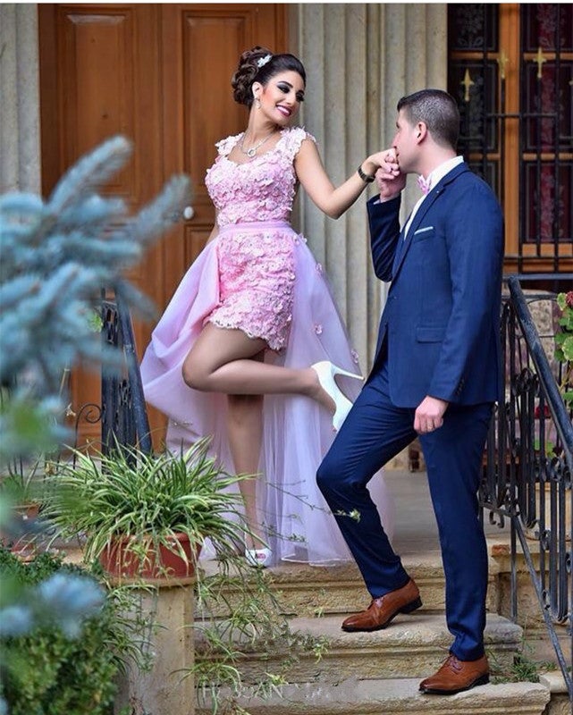 Pink Removable Train Lace Short Prom Dresses alinanova Pink Removable Train Lace Short Prom Dresses alinanova