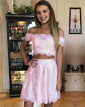 Load image into Gallery viewer, Pink Lace Homecoming Dresses 2019