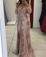 Load image into Gallery viewer, Pink Lace Prom Dress Mermaid V-neck