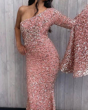 Load image into Gallery viewer, Pink Mermaid One Shoulder Sequin Prom Dresses