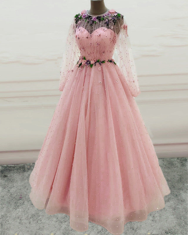 Long Sleeves Prom Dresses Princess Tulle Beaded Long Sleeves Prom Dresses Princess Tulle Beaded