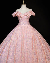 Load image into Gallery viewer, Pink Sequin Prom Ball Gown Ruffle Shoulder Dresses