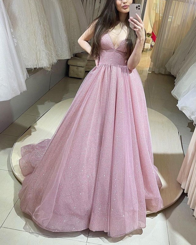 Pink Sparkly Prom Dresses V Neck Ball Gown