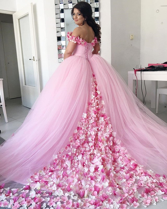 Pink Tulle Floral Flower Ball Gowns Quinceanera Dresses Off Shoulder Pink Tulle Floral Flower Ball Gowns Quinceanera Dresses Off Shoulder
