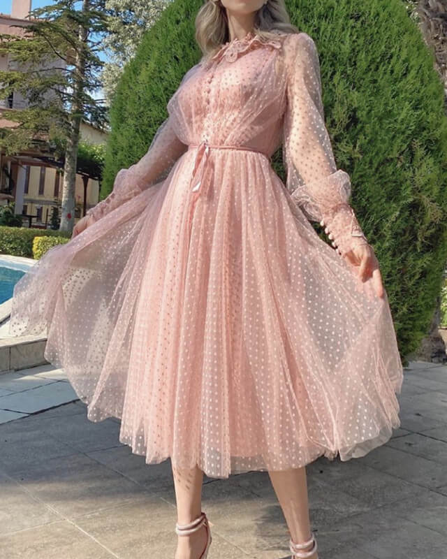 Cottagecore Inpsired Long Sleeve Pink Tulle Midi Dress – alinanova