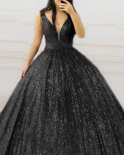 Load image into Gallery viewer, Plunge Neck Ball Gown Sequins Prom Dresses