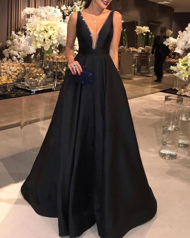 Plunge Neck Satin Prom Dresses With Pockets