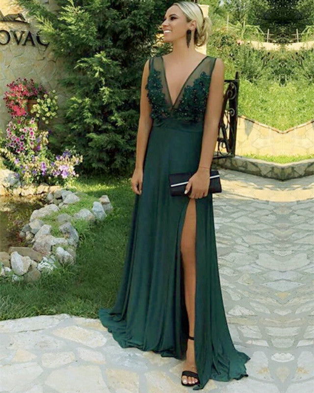 High Slit Long Prom Dresses, 2020 Newest V-neck Prom Dresses