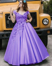 Load image into Gallery viewer, Plus Size Prom Dresses Satin Off Shoulder 3D Flowers Beaded