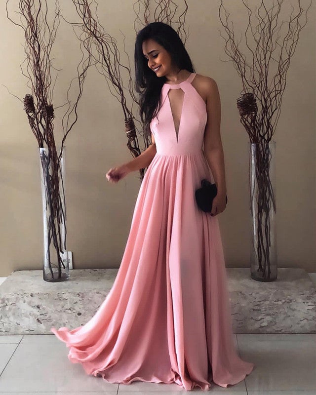 Pretty Pink Halter Chiffon Prom Long Dresses Open Back Evening Gowns alinanova Pretty Pink Halter Chiffon Prom Long Dresses Open Back Evening Gowns alinanova