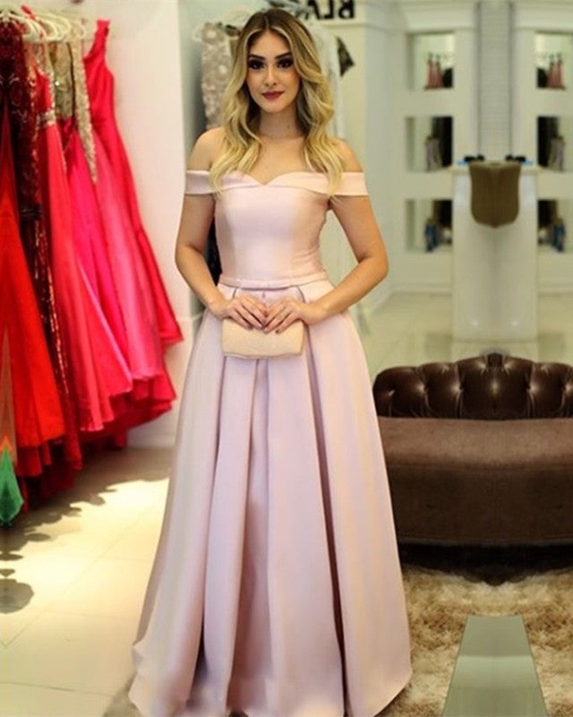 Pretty Pink Satin Floor Length Bridesmaid Dresses V-neck Off The Shoulder Pretty Pink Satin Floor Length Bridesmaid Dresses V-neck Off The Shoulder
