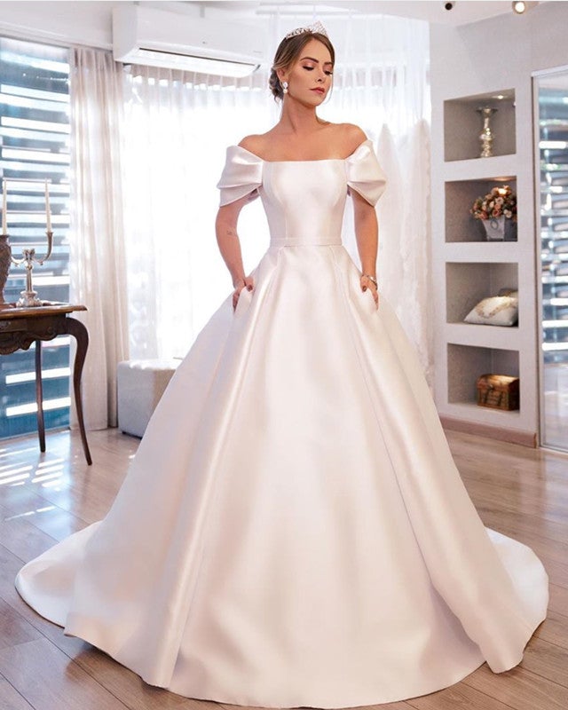 Princess Off Shoulder Wedding Dress Satin with Pockets Princess Off Shoulder Wedding Dress Satin with Pockets