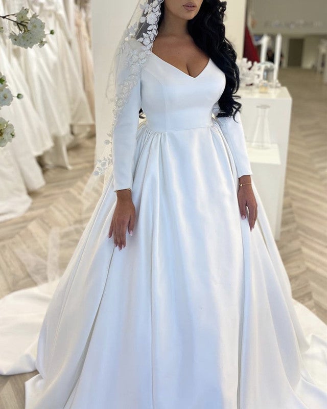 Princess V Neck Wedding Dress Satin Long Sleeves Princess V Neck Wedding Dress Satin Long Sleeves