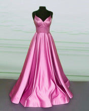 Load image into Gallery viewer, Prom Ball Gown V Neck Satin Spaghetti Straps Dresses