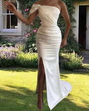 Load image into Gallery viewer, Mermaid White Satin One Shoulder Dress