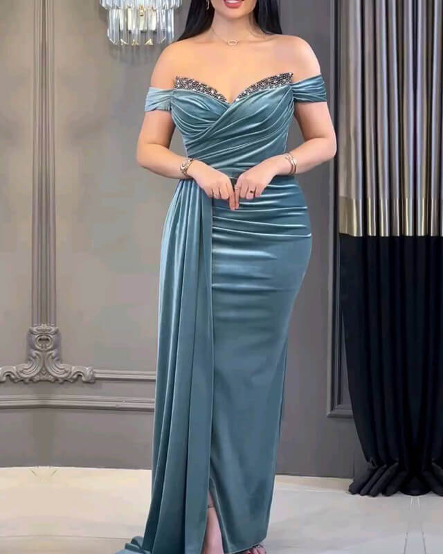 Blue Velvet Mermaid Split Off Shoulder Dress Blue Velvet Mermaid Split Off Shoulder Dress