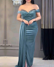 Load image into Gallery viewer, Dusty Blue Velvet Prom Dress