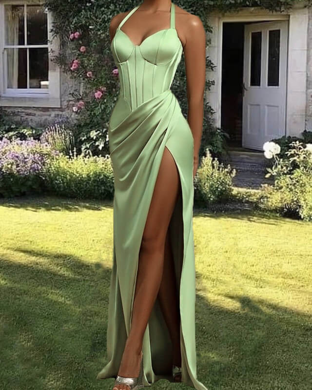Mermaid Sage Satin Halter Split Dress alinanova Mermaid Sage Satin Halter Split Dress alinanova