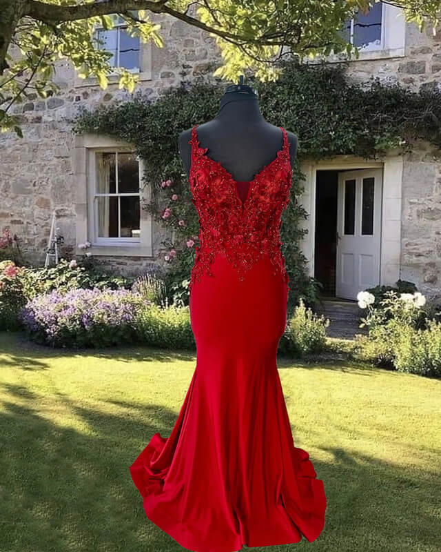 Mermaid Red V-Neck Satin Dress with 3D Flowers Mermaid Red V-Neck Satin Dress with 3D Flowers