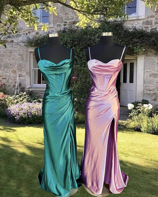 Classy Mermaid Spaghetti Straps Satin High Slit Long Prom Dresses Party Dress Birthday Outfits Graduation Dresses W0604 main image 0