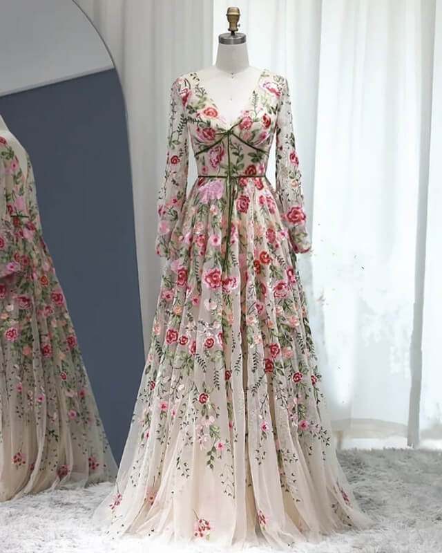 Fairycore Style V-Neck Long Sleeve Embroidery Dress