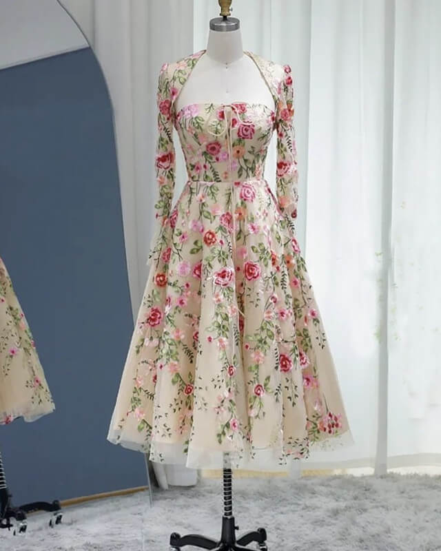 strapless open back dress Enchanted A-Line Embroidery Midi Dress with Sleeves