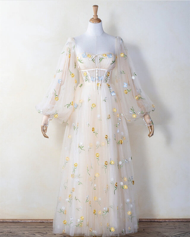 Beige Tulle Ankle Length Cottagecore Dress With Sleeves Beige Tulle Ankle Length Cottagecore Dress With Sleeves