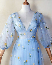 Load image into Gallery viewer, Light Blue Tulle Midi Cottagecore Dress With Sleeves
