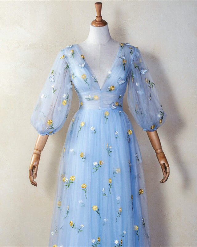 Light Blue Tulle Midi Cottagecore Dress With Sleeves Light Blue Tulle Midi Cottagecore Dress With Sleeves
