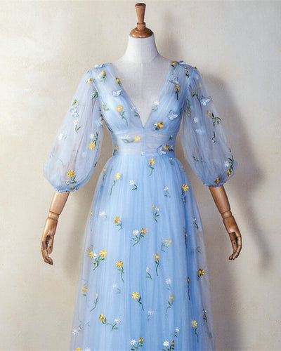Blue Tea Length Cottagcore Dress