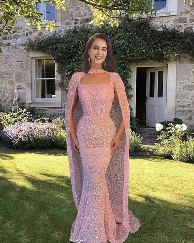 Mermaid Pink Sparkly Dress With Cape alinanova Mermaid Pink Sparkly Dress With Cape alinanova