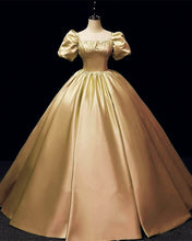 Load image into Gallery viewer, Puffy Sleeve Satin Floor Length Ball Gown Corset Dress