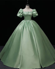 Load image into Gallery viewer, Puffy Sleeve Satin Floor Length Ball Gown Corset Dress