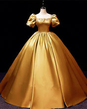 Load image into Gallery viewer, Puffy Sleeve Satin Floor Length Ball Gown Corset Dress