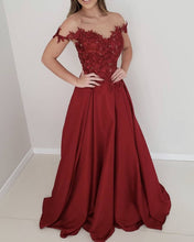Load image into Gallery viewer, Lace Embroidery Satin Prom Dresses Off Shoulder