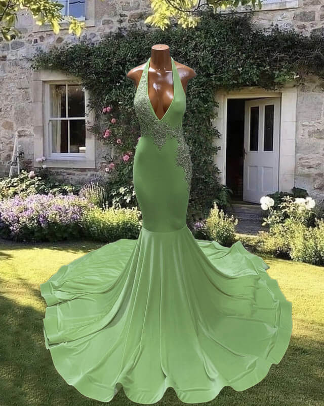 Mermaid Light Green Halter Appliques Dress – alinanova