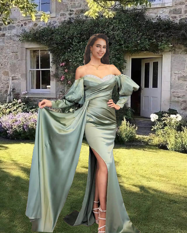 green emerald velvet dress Mermaid Long Sleeve Satin Formal Dress with Slit
