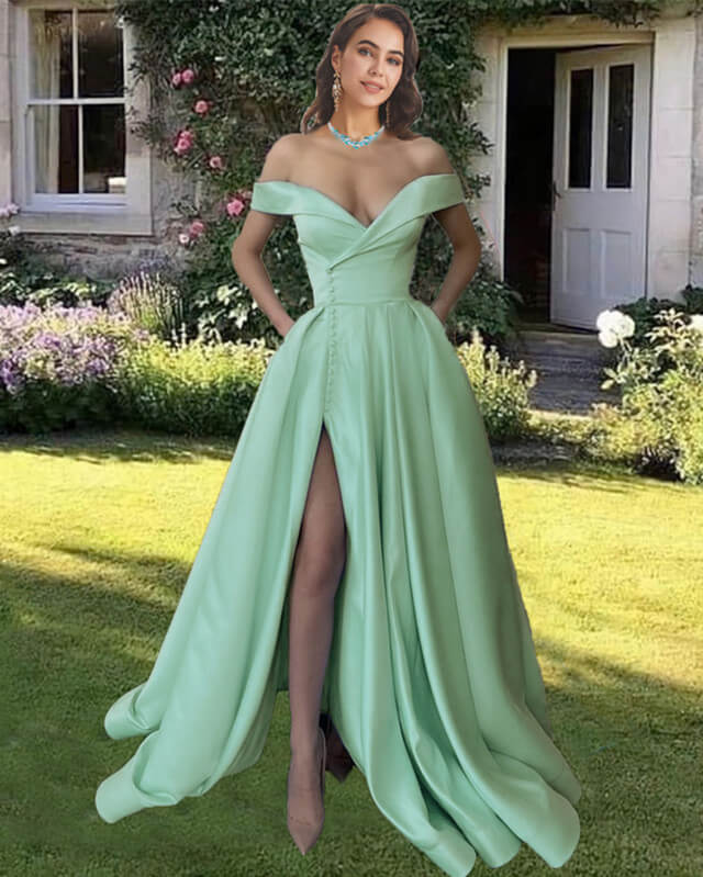 Off The Shoulder Split Satin Dress With Pockets Off The Shoulder Split Satin Dress With Pockets